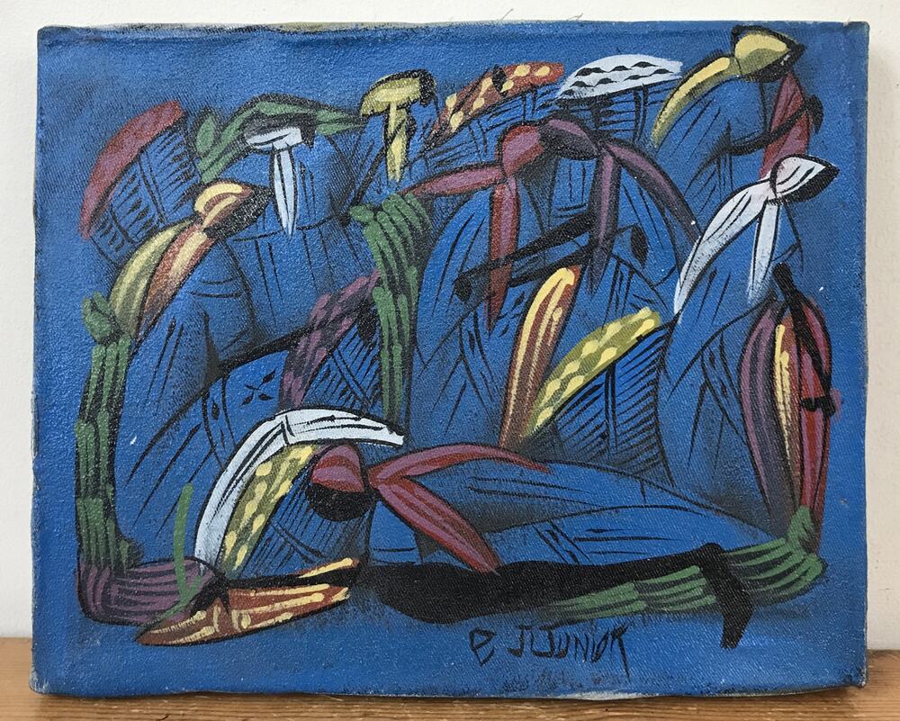 Vtg Mid Century Modern Abstract African EJ Junior Signed Painting Art Small 8x10